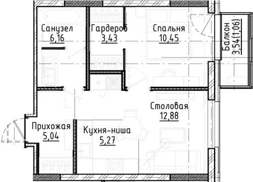 Планировка — Город на озере, 2-комн., 43 м²