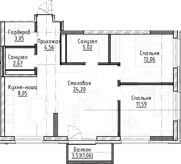 Планировка — Город на озере, 3-комн., 71 м²