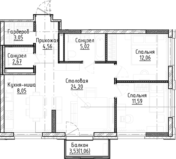 Планировка — Город на озере, 3-комн., 71 м²