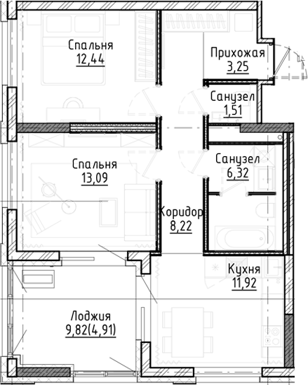 Планировка — Город на озере, 2-комн., 57 м²