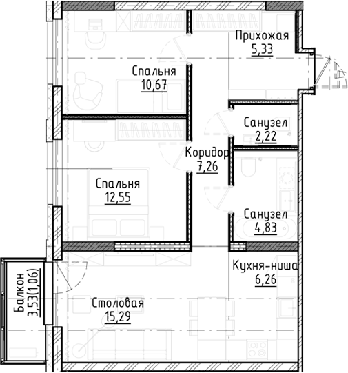 Планировка — Город на озере, 3-комн., 64 м²