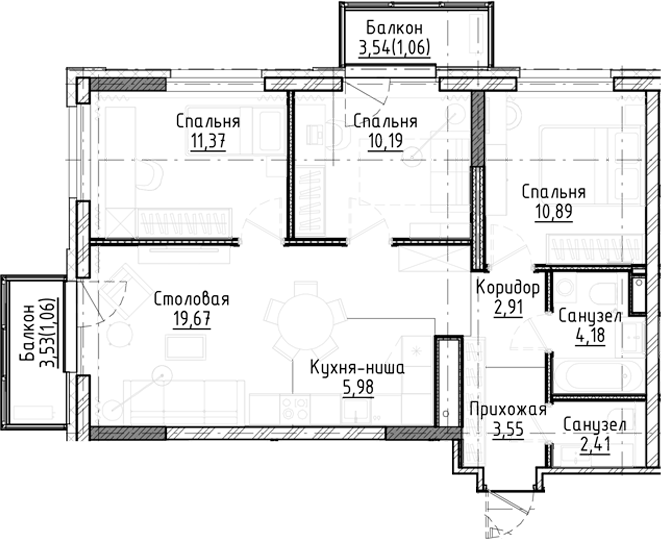 Планировка — Город на озере, 4-комн., 71 м²
