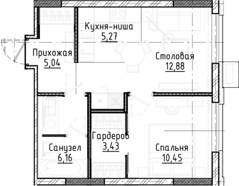 Планировка — Город на озере, 2-комн., 43 м²