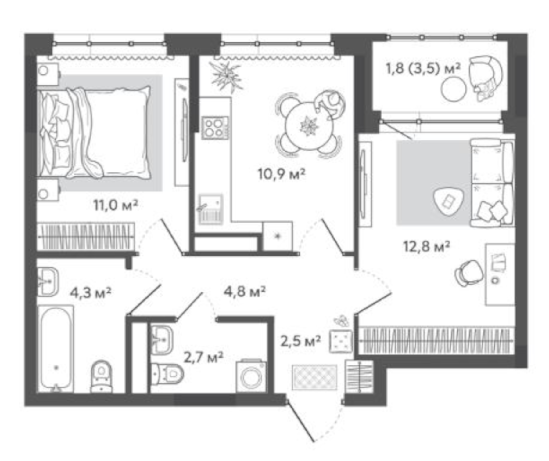 Планировка — Природные кварталы Сибирия, 2-комн., 49 м²