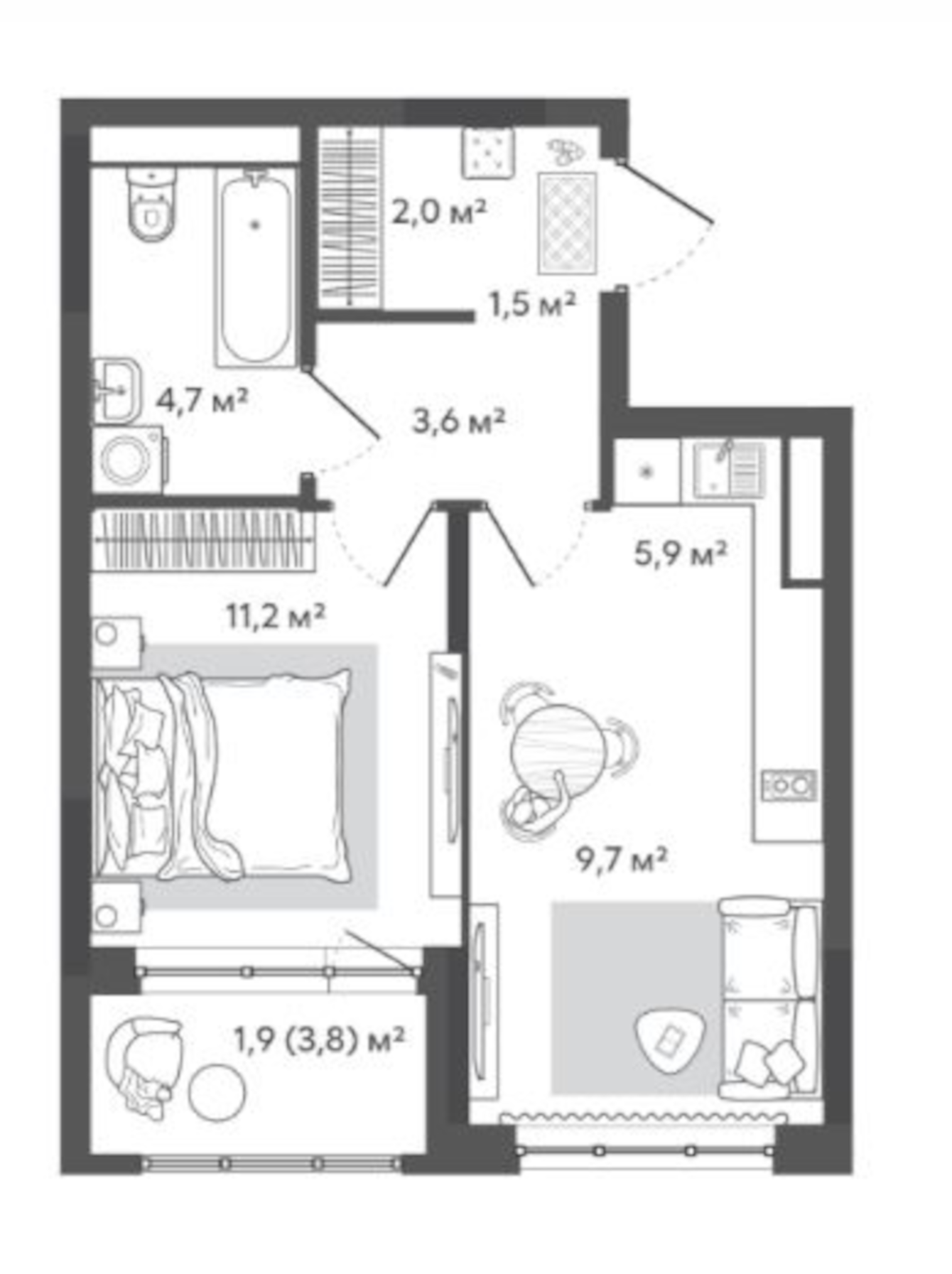 Планировка — Природные кварталы Сибирия, 2-комн., 39 м²