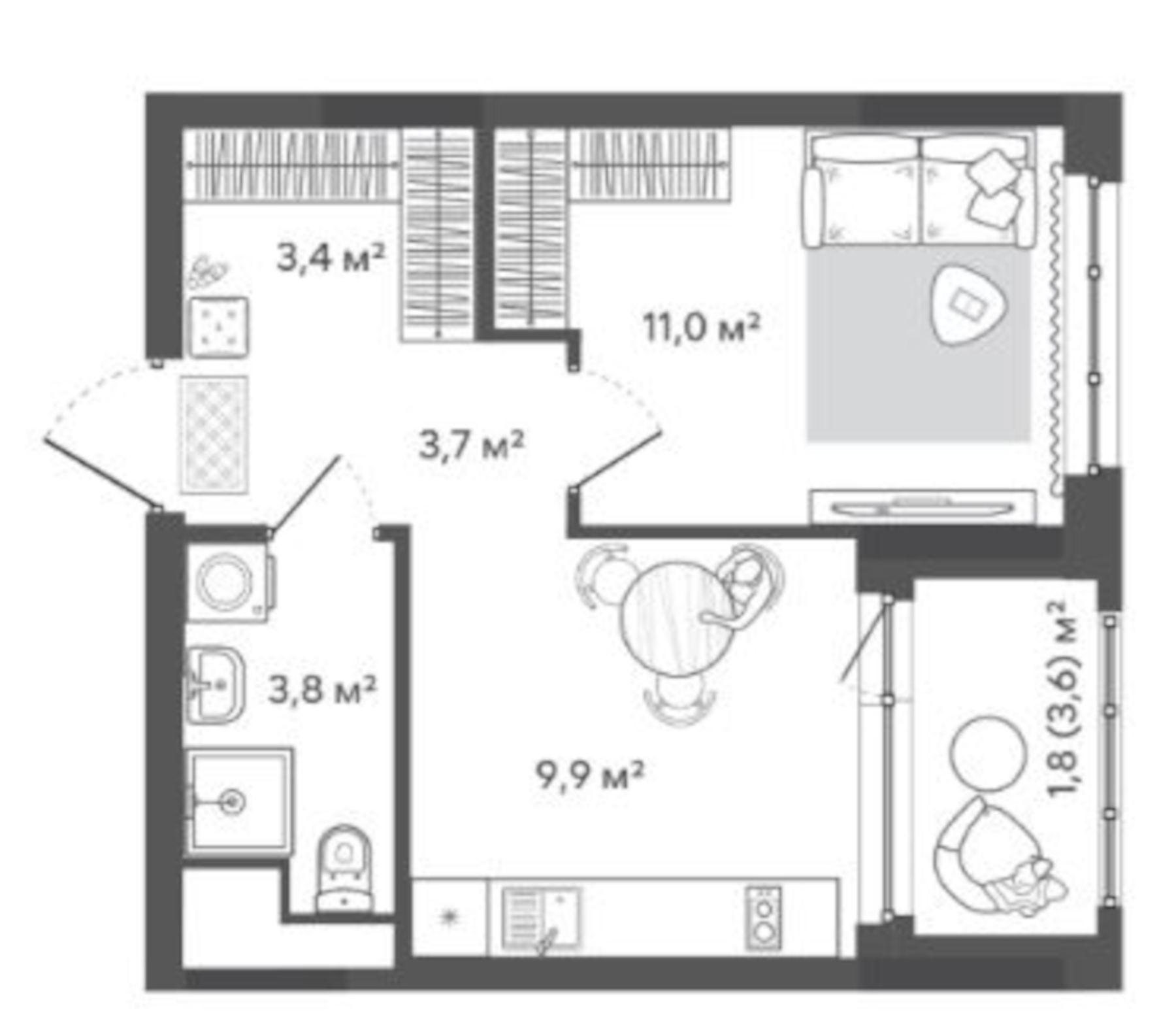 Планировка — Природные кварталы Сибирия, 1-комн., 32 м²