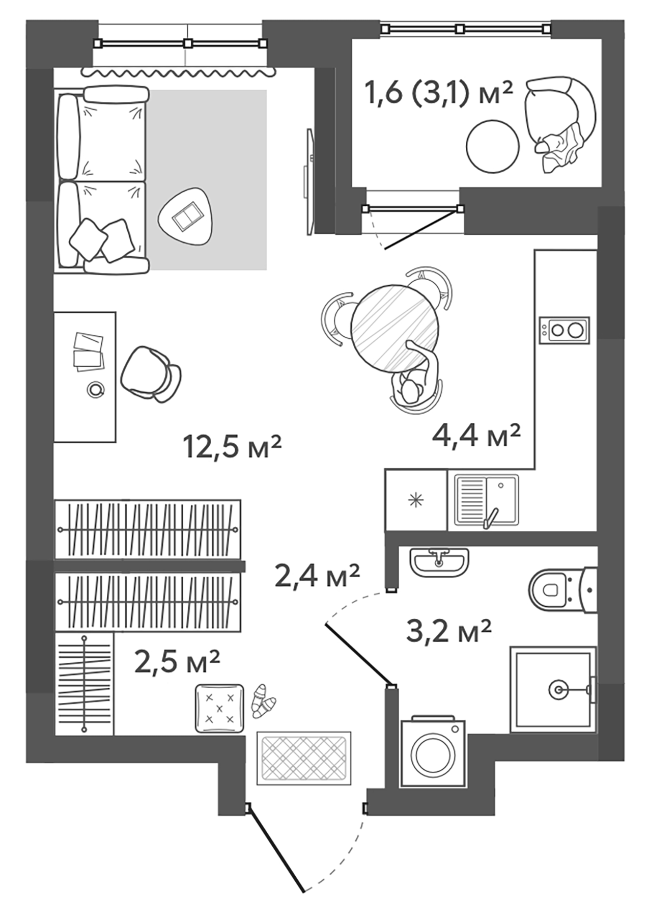 Планировка — Природные кварталы Сибирия, Студия, 25 м²