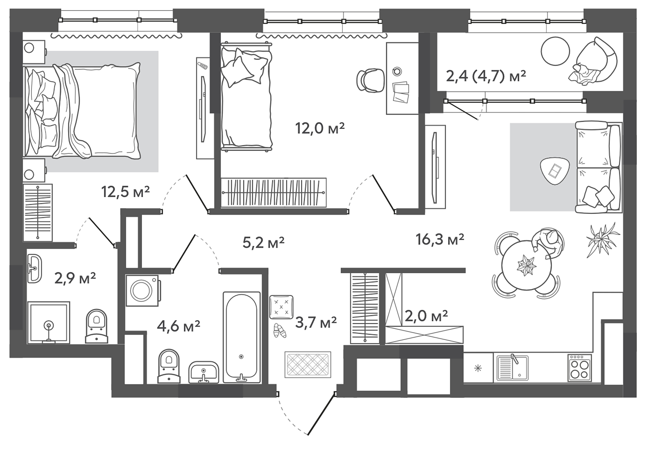 Планировка — Природные кварталы Сибирия, 3-комн., 59 м²