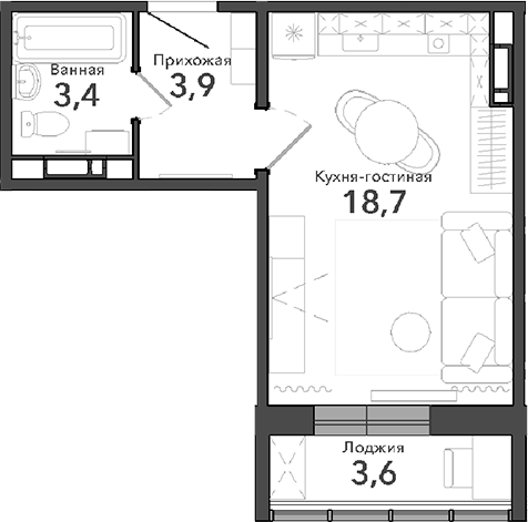 Планировка — Околица, Студия, 26 м²
