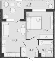 Планировка — Дзенпарк, 1-комн., 33 м²