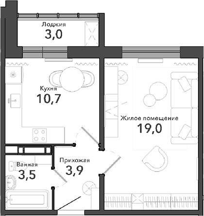 Планировка — Околица, 1-комн., 37 м²