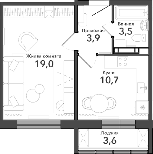 Планировка — Околица, 1-комн., 37 м²