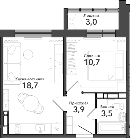 Планировка — Околица, 2-комн., 37 м²