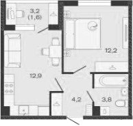 Планировка — Дзенпарк, 1-комн., 33 м²