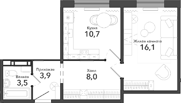 Планировка — Околица, 1-комн., 42 м²