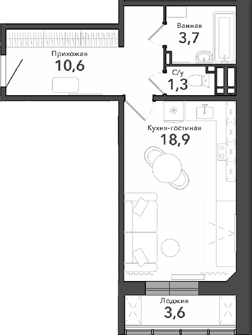 Планировка — Околица, Студия, 35 м²