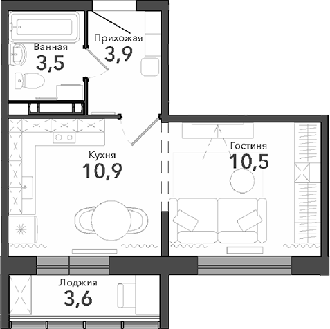 Планировка — Околица, Студия, 29 м²