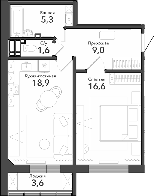 Планировка — Околица, 1-комн., 51 м²