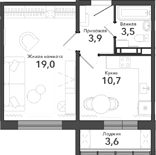 Планировка — Околица, 1-комн., 37 м²