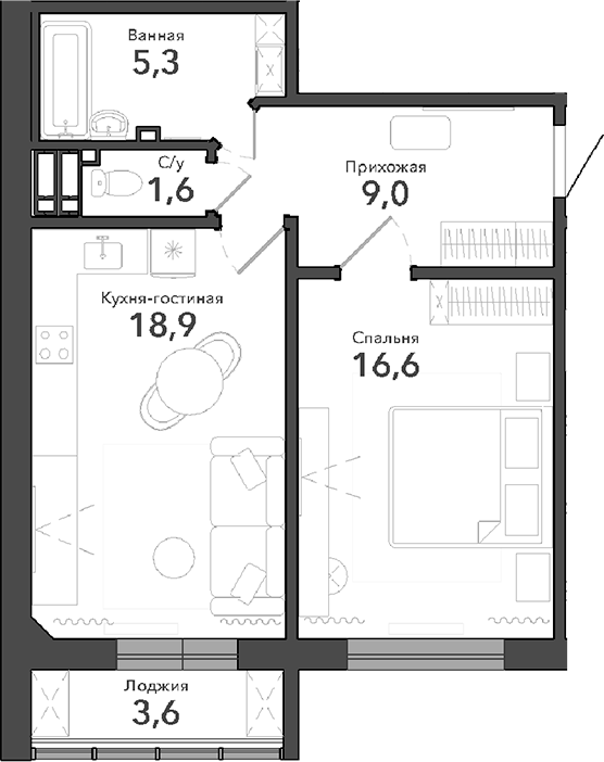 Планировка — Околица, 2-комн., 51 м²