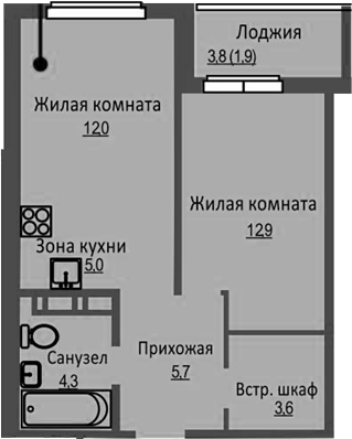 Планировка — Новый Бронный, 2-комн., 44 м²
