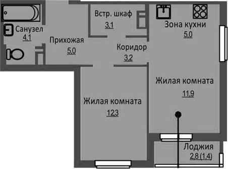 Планировка — Новый Бронный, 2-комн., 45 м²
