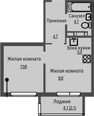 Планировка — Новый Бронный, 2-комн., 33 м²