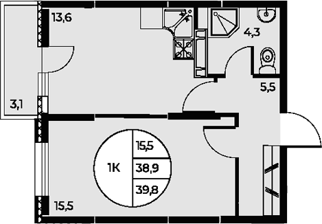 Планировка — Панорама на Театральном, 1-комн., 39 м²