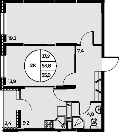 Планировка — Панорама на Театральном, 2-комн., 54 м²