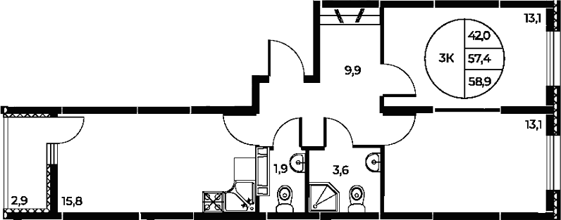 Планировка — Панорама на Театральном, 3-комн., 57 м²