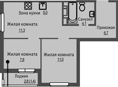 Планировка — Новый Бронный, 3-комн., 46 м²