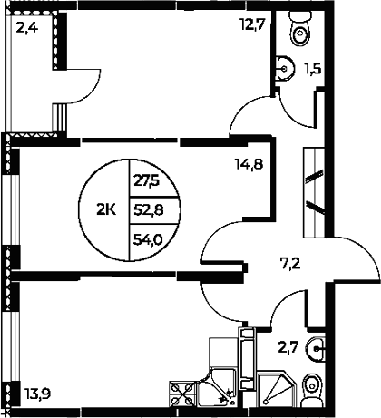 Планировка — Панорама на Театральном, 2-комн., 53 м²