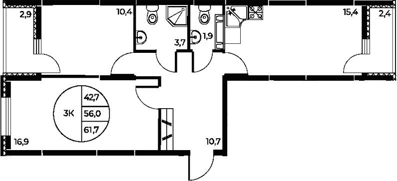 Планировка — Панорама на Театральном, 3-комн., 59 м²