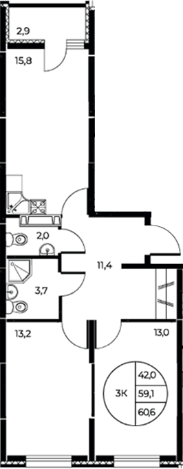 Планировка — Панорама на Театральном, 3-комн., 59 м²