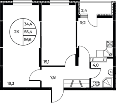 Планировка — Панорама на Театральном, 2-комн., 55 м²