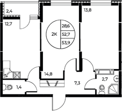 Планировка — Панорама на Театральном, 2-комн., 53 м²