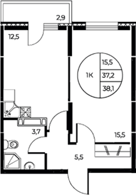 Планировка — Панорама на Театральном, 1-комн., 37 м²