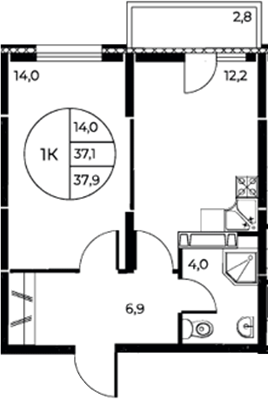 Планировка — Панорама на Театральном, 1-комн., 37 м²