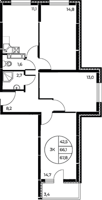 Планировка — Панорама на Театральном, 3-комн., 66 м²