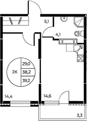 Планировка — Панорама на Театральном, 1-комн., 38 м²