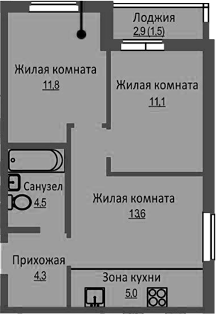 Планировка — Новый Бронный, 3-комн., 50 м²