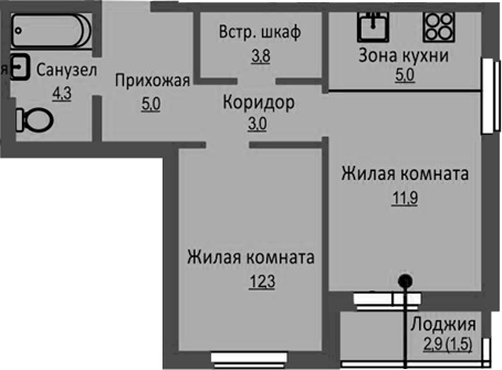 Планировка — Новый Бронный, 2-комн., 45 м²