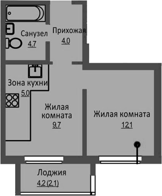 Планировка — Новый Бронный, 2-комн., 36 м²