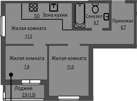 Планировка — Новый Бронный, 3-комн., 47 м²