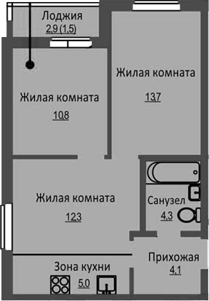 Планировка — Новый Бронный, 3-комн., 50 м²