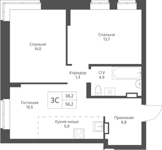 Планировка — Экоград 12 дворов, 3-комн., 56 м²