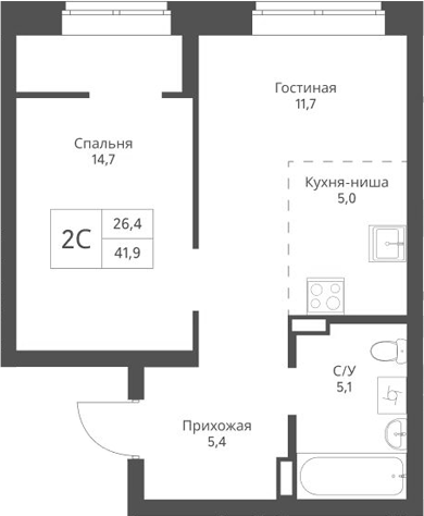 Планировка — Экоград 12 дворов, 2-комн., 42 м²
