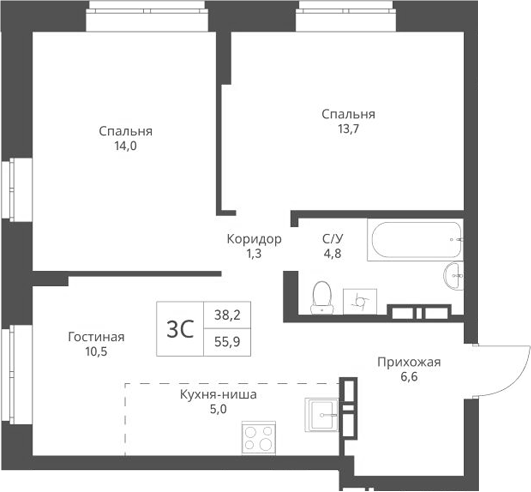 Планировка — Экоград 12 дворов, 3-комн., 56 м²
