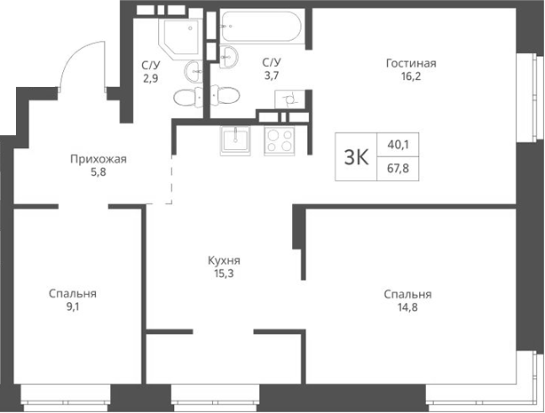 Планировка — Экоград 12 дворов, 3-комн., 68 м²