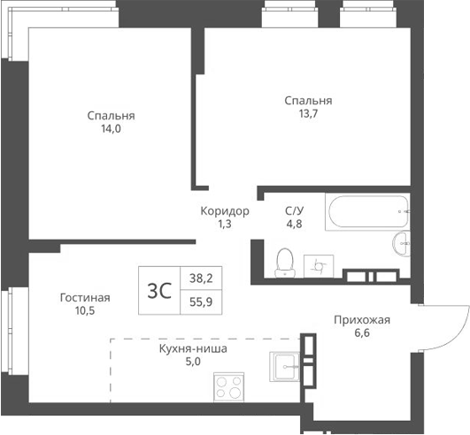 Планировка — Экоград 12 дворов, 3-комн., 56 м²